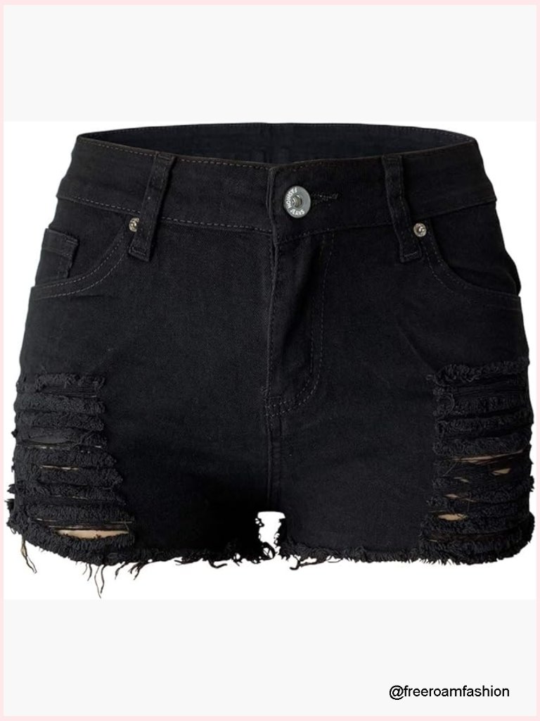 Mid Rise Distressed Denim Shorts With 5 Pockets